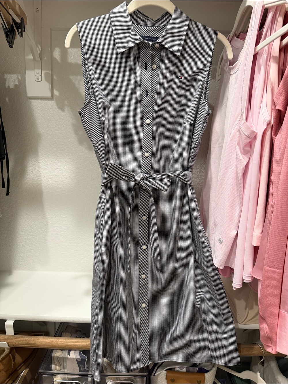 Tommy Hilfiger Black & White Gingham Tie-Waist Midi Shirt Dress
